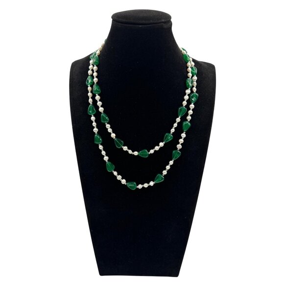 Vintage Green Glass and Fresh Water Pearls Necklace - Picture 1 of 6